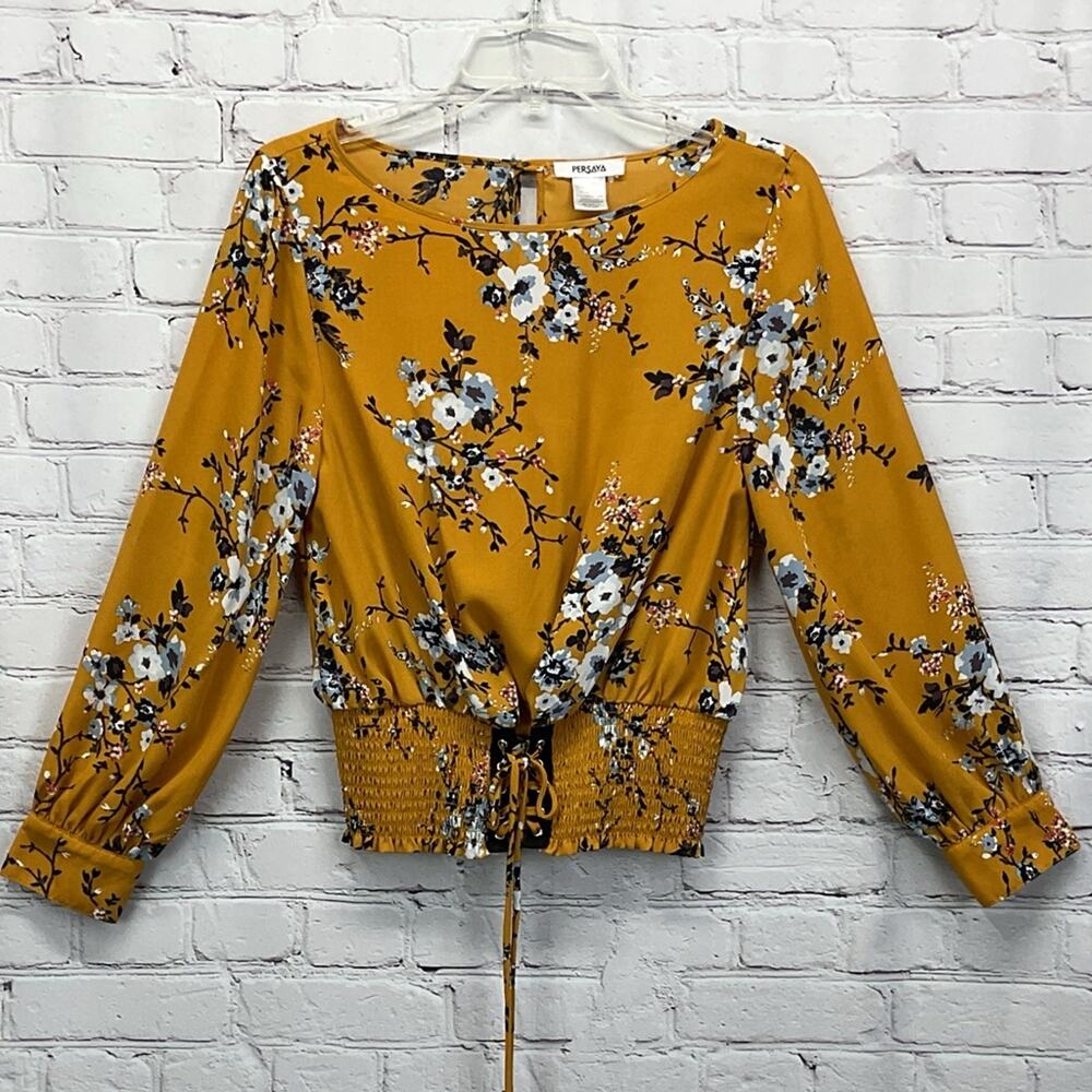 Persaya Top Women's Size M Gold Floral Cottage Core Coquette Girl Smocked Waist